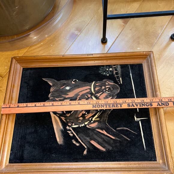 Vintage Black Velvet Painting Of Horses Wood Frame MCM equestrian art - Picture 6 of 6